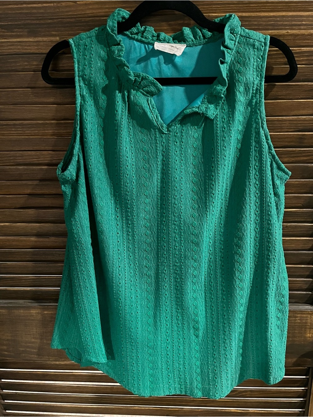 Sleeveless Ruffle Neck Eyelet Top - Teal Green